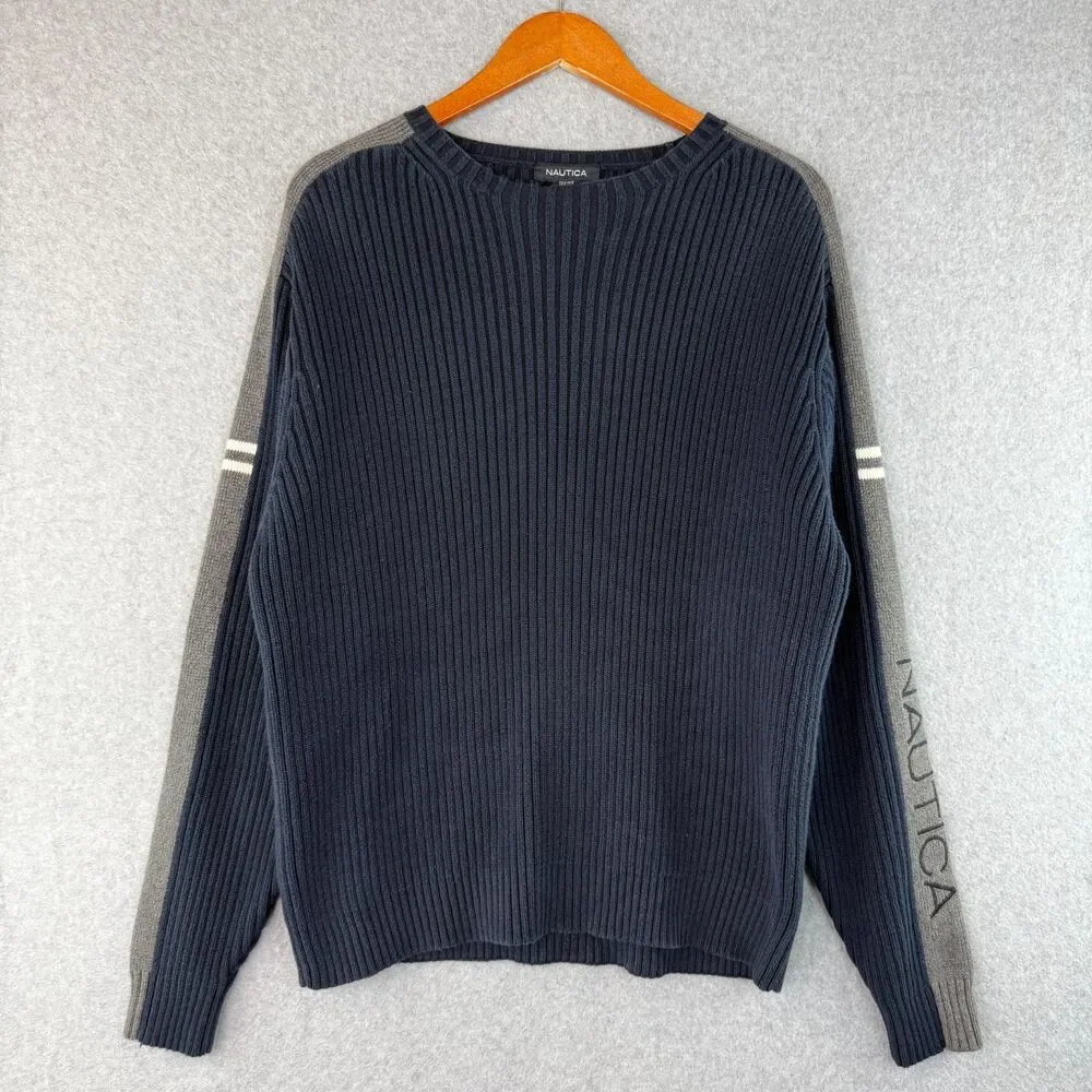 VTG Nautica Navy Blue Ribbed Knit Pull Over Sweater Y2K 90s Skater Preppy Size M